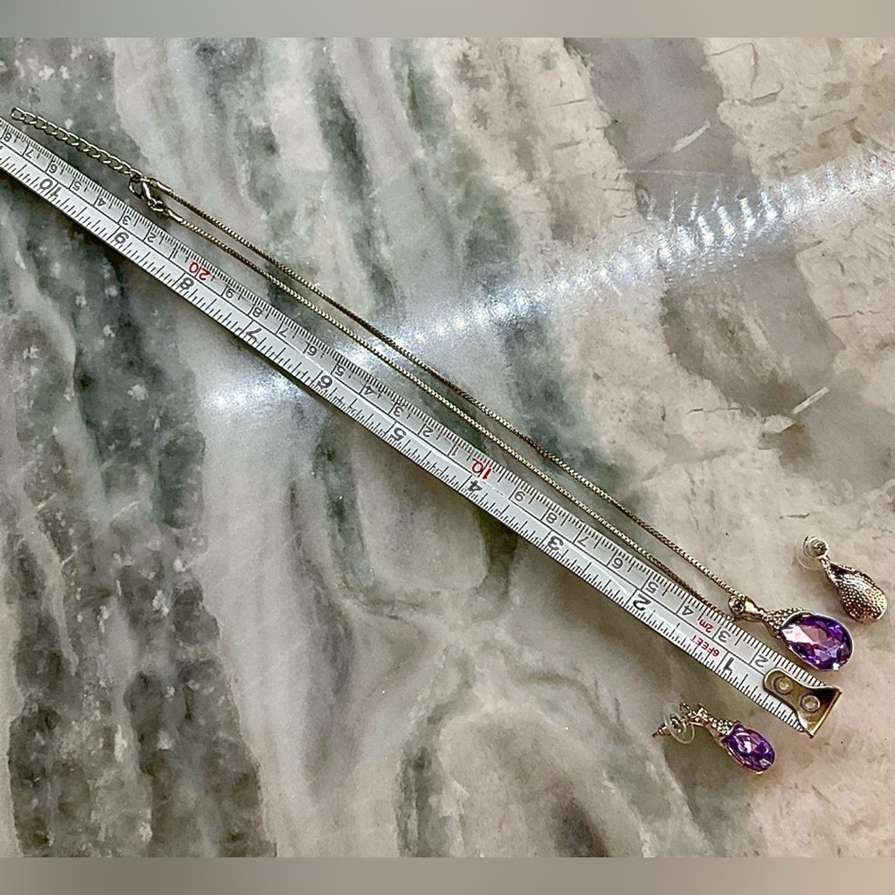 Purple Amethyst and Silver Water Drop Necklace And Earrings Jewelry Set - Picture 12 of 12